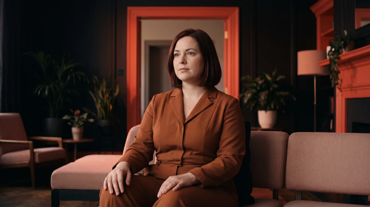 Adult woman with a brown bob and copper wrap suit seated on a sofa in a warm-lit lounge.