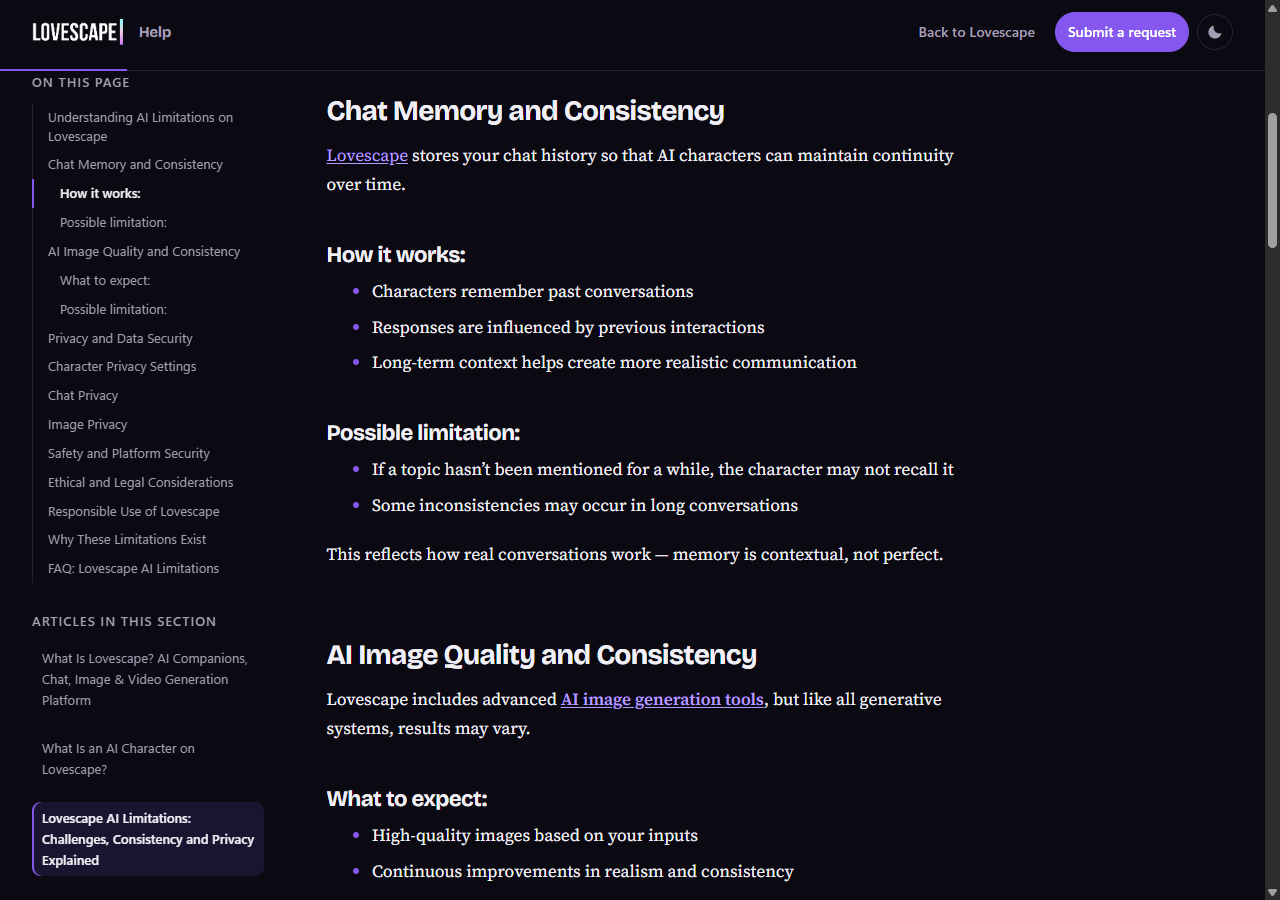Lovescape help section explaining chat memory and possible continuity limitations